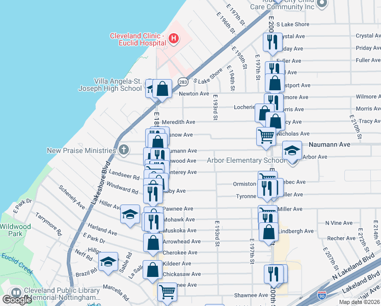 map of restaurants, bars, coffee shops, grocery stores, and more near 18870 Naumann Avenue in Euclid