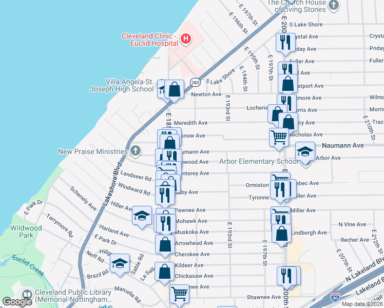 map of restaurants, bars, coffee shops, grocery stores, and more near 18870 Naumann Avenue in Euclid
