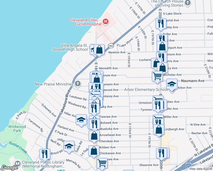 map of restaurants, bars, coffee shops, grocery stores, and more near 18650 Naumann Avenue in Euclid