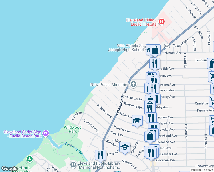 map of restaurants, bars, coffee shops, grocery stores, and more near 17813 Windward Road in Cleveland
