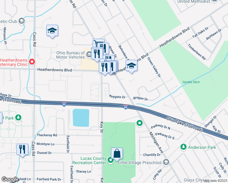 map of restaurants, bars, coffee shops, grocery stores, and more near 2618 Keygate Drive in Toledo