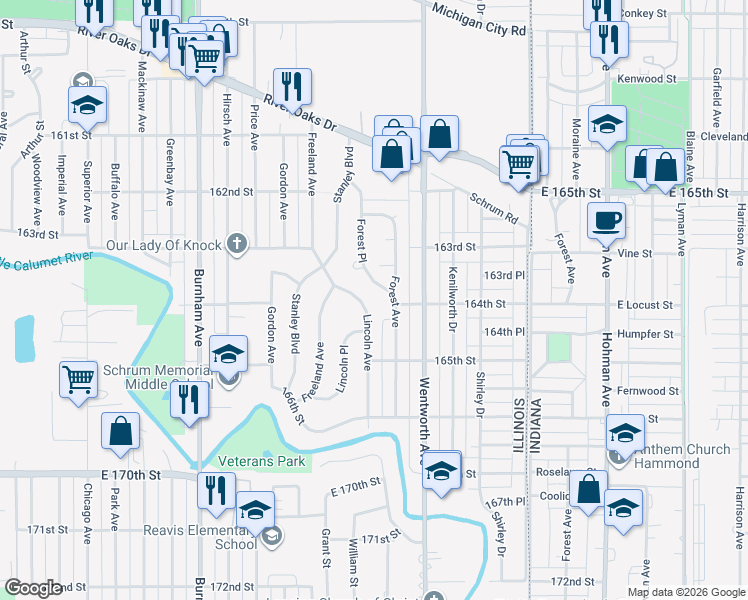 map of restaurants, bars, coffee shops, grocery stores, and more near 1445 Lincoln Avenue in Calumet City