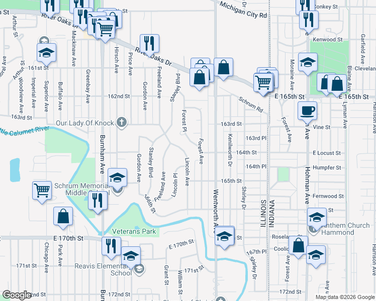 map of restaurants, bars, coffee shops, grocery stores, and more near 1445 Lincoln Avenue in Calumet City