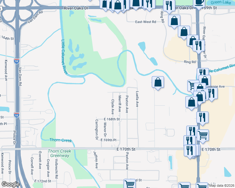 map of restaurants, bars, coffee shops, grocery stores, and more near 16660 Merrill Avenue in South Holland