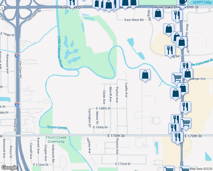 map of restaurants, bars, coffee shops, grocery stores, and more near 16660 Merrill Avenue in South Holland