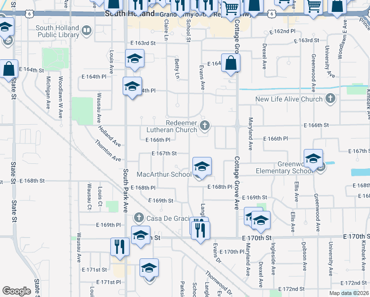 map of restaurants, bars, coffee shops, grocery stores, and more near 16645 School Street in South Holland