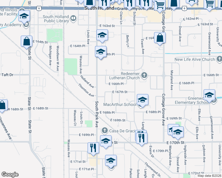 map of restaurants, bars, coffee shops, grocery stores, and more near 440 East 167th Street in South Holland