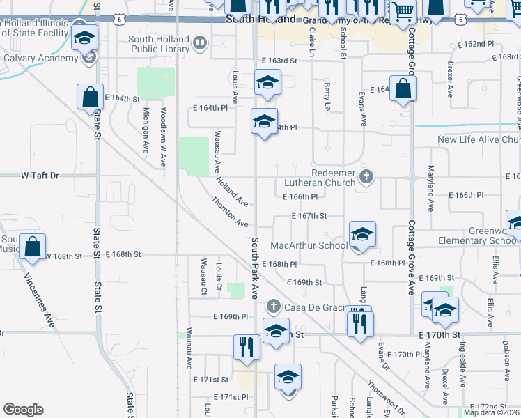 map of restaurants, bars, coffee shops, grocery stores, and more near 16656 South Park Avenue in South Holland