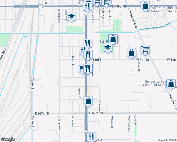 map of restaurants, bars, coffee shops, grocery stores, and more near 16343 Halsted Street in Harvey