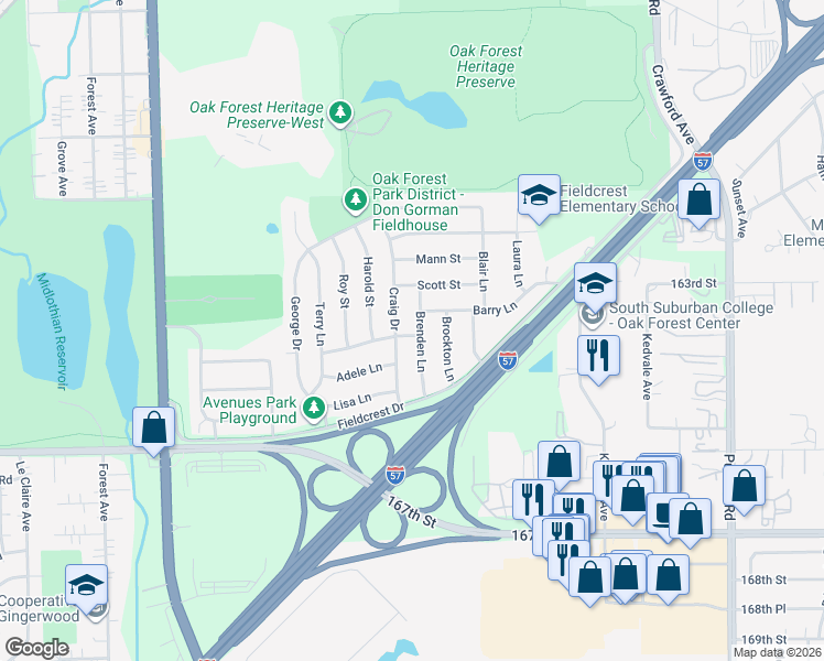 map of restaurants, bars, coffee shops, grocery stores, and more near 16496 Brenden Lane in Oak Forest