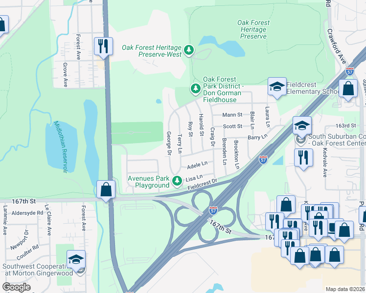 map of restaurants, bars, coffee shops, grocery stores, and more near 16468 Roy Street in Oak Forest