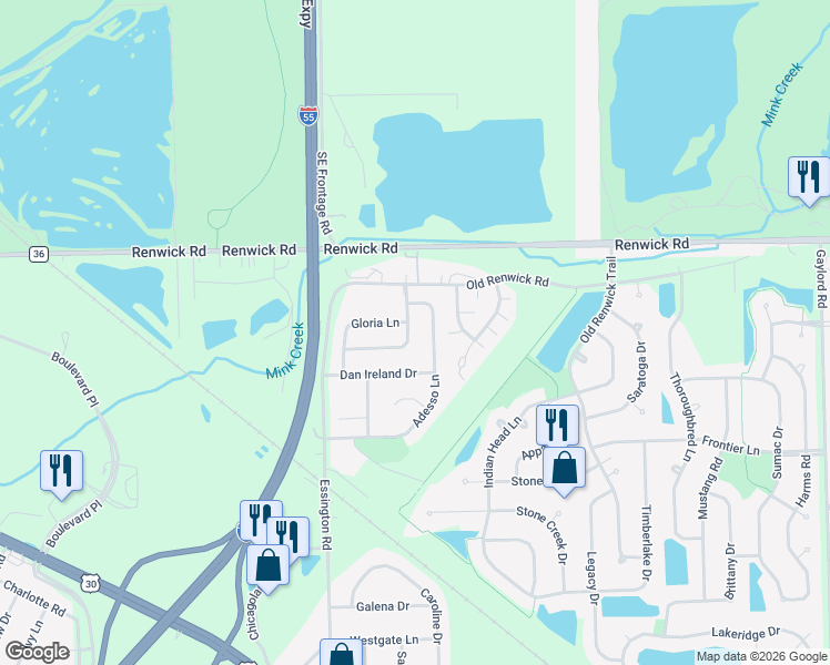 map of restaurants, bars, coffee shops, grocery stores, and more near 3012 Gloria Lane in Joliet
