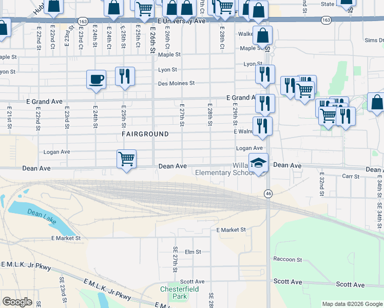 map of restaurants, bars, coffee shops, grocery stores, and more near 2727 Logan Avenue in Des Moines