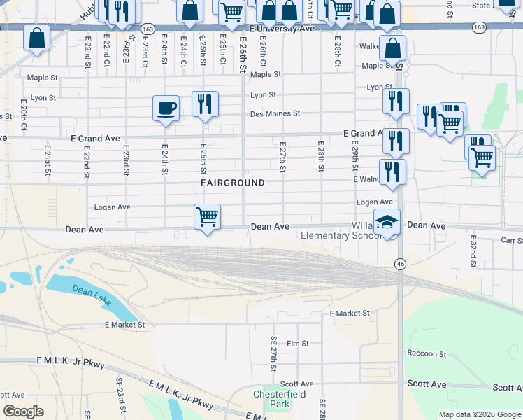 map of restaurants, bars, coffee shops, grocery stores, and more near 2613 Logan Avenue in Des Moines