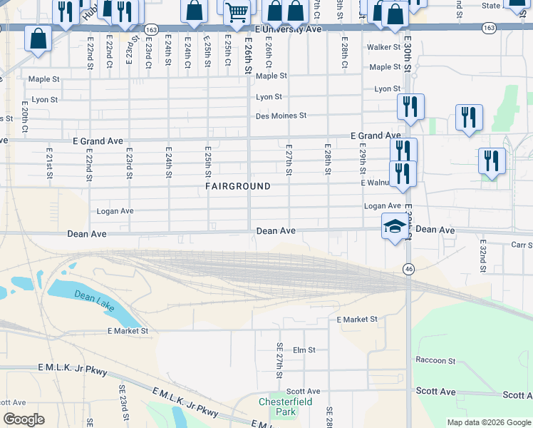 map of restaurants, bars, coffee shops, grocery stores, and more near 2613 Logan Avenue in Des Moines