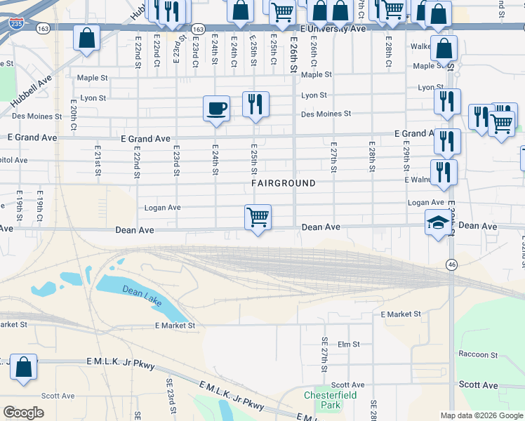 map of restaurants, bars, coffee shops, grocery stores, and more near 2511 Logan Avenue in Des Moines