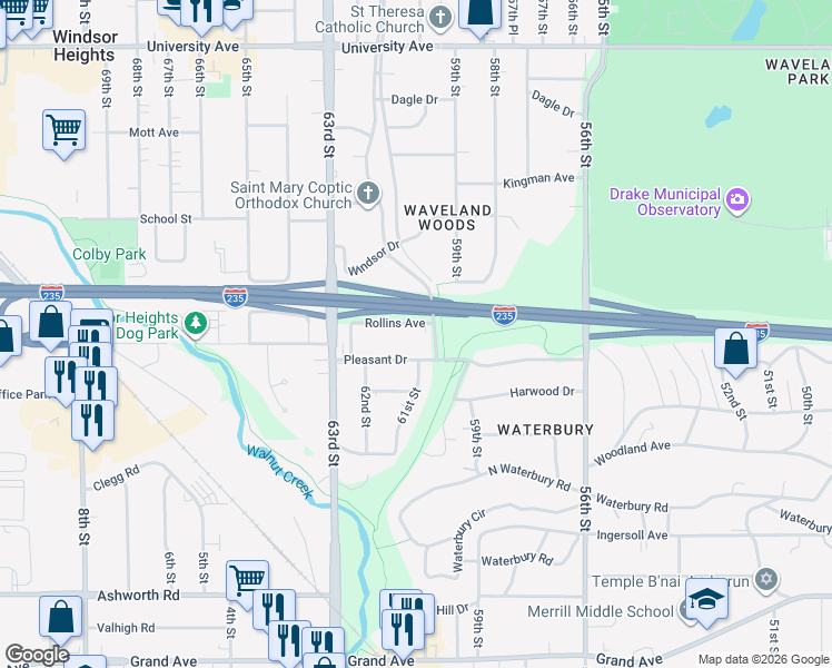 map of restaurants, bars, coffee shops, grocery stores, and more near 6014 Rollins Avenue in Des Moines