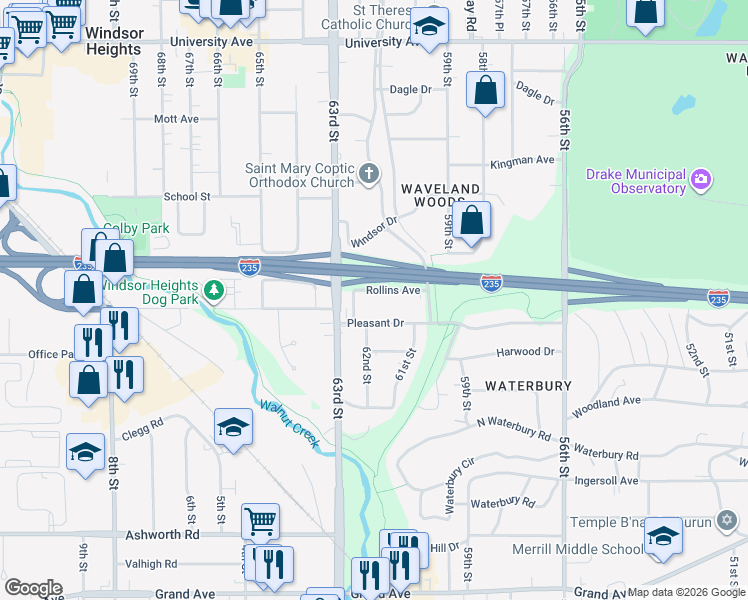 map of restaurants, bars, coffee shops, grocery stores, and more near 6118 Rollins Avenue in Des Moines