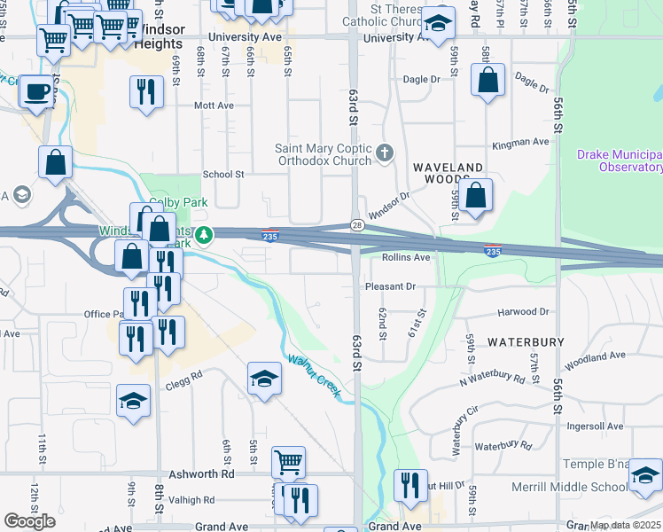 map of restaurants, bars, coffee shops, grocery stores, and more near 6329 Center Street in Windsor Heights