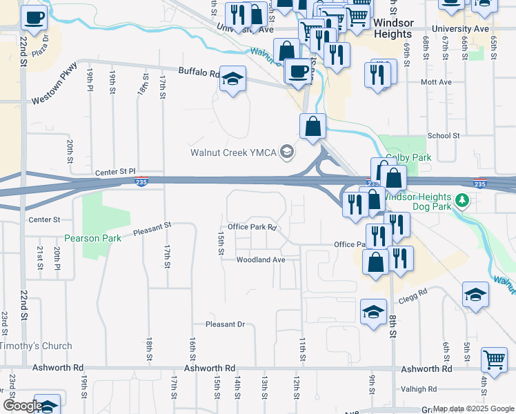 map of restaurants, bars, coffee shops, grocery stores, and more near 1201 Office Park Road in West Des Moines
