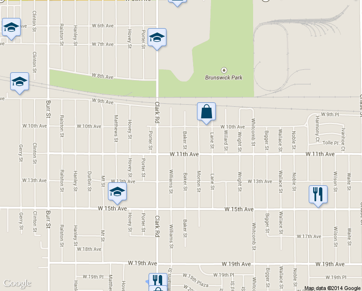 map of restaurants, bars, coffee shops, grocery stores, and more near 1058 Baker St in Gary