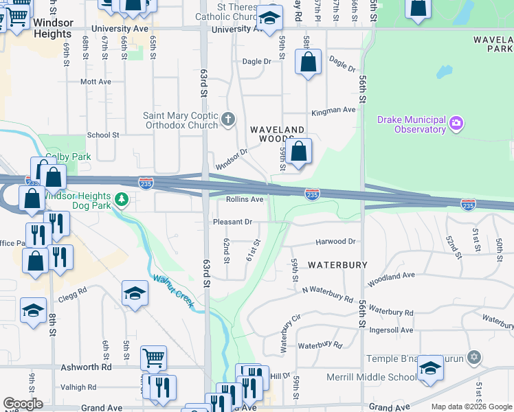 map of restaurants, bars, coffee shops, grocery stores, and more near 6014 Rollins Avenue in Des Moines