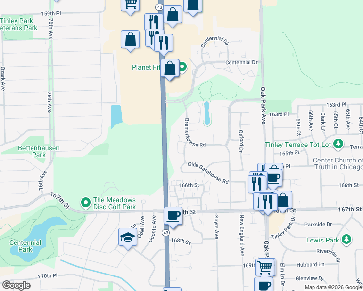 map of restaurants, bars, coffee shops, grocery stores, and more near 16434 Olde Gatehouse Road in Tinley Park