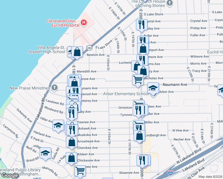 map of restaurants, bars, coffee shops, grocery stores, and more near 19330 Naumann Avenue in Euclid