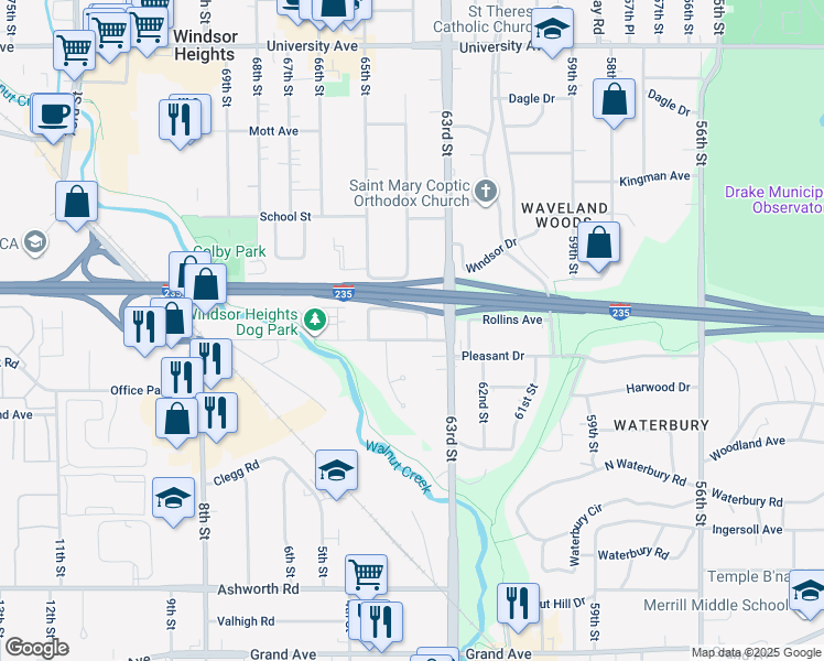 map of restaurants, bars, coffee shops, grocery stores, and more near 6329 Center Street in Windsor Heights