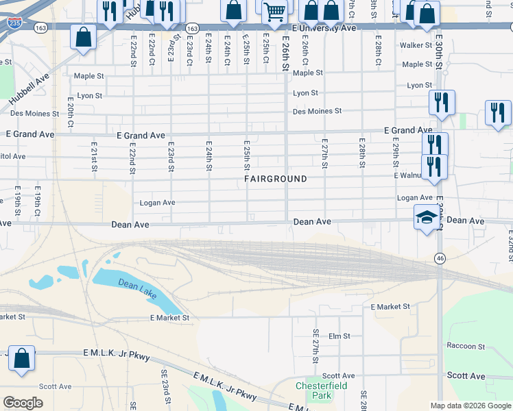 map of restaurants, bars, coffee shops, grocery stores, and more near 2511 Logan Avenue in Des Moines