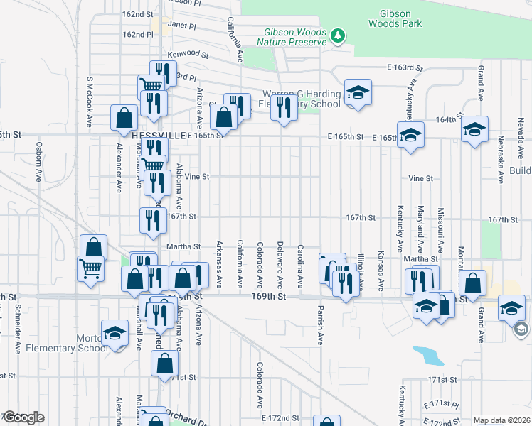 map of restaurants, bars, coffee shops, grocery stores, and more near 6650 Delaware Avenue in Hammond