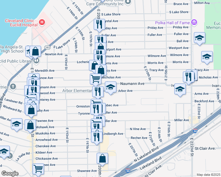 map of restaurants, bars, coffee shops, grocery stores, and more near 20271 Arbor Avenue in Euclid