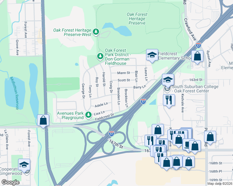 map of restaurants, bars, coffee shops, grocery stores, and more near 16496 Brenden Ln in Oak Forest