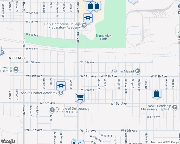 map of restaurants, bars, coffee shops, grocery stores, and more near 1058 Baker Street in Gary