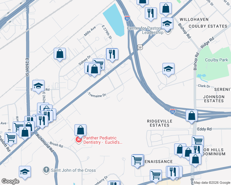 map of restaurants, bars, coffee shops, grocery stores, and more near 27580 Tremaine Drive in Euclid