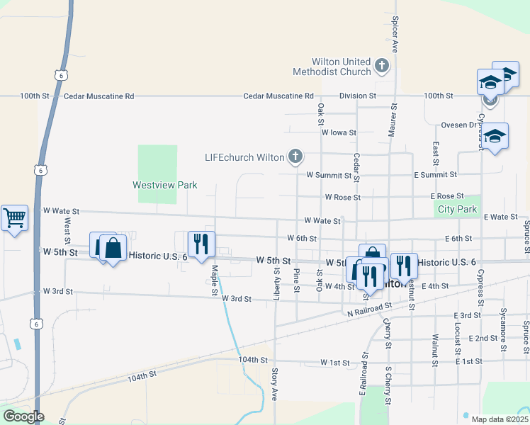 map of restaurants, bars, coffee shops, grocery stores, and more near 605 West Wate Street in Wilton