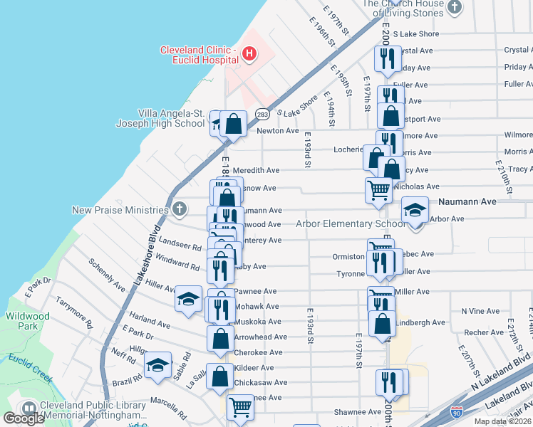 map of restaurants, bars, coffee shops, grocery stores, and more near 18870 Naumann Avenue in Euclid