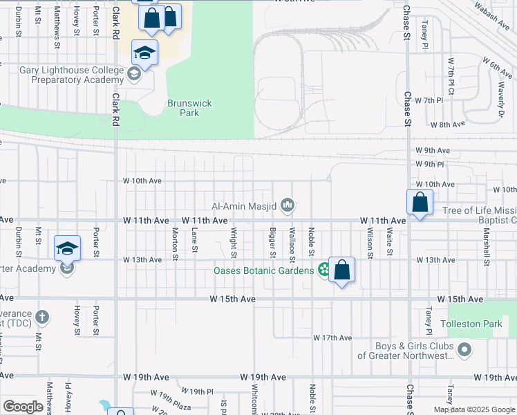 map of restaurants, bars, coffee shops, grocery stores, and more near 1069 Whitcomb Street in Gary