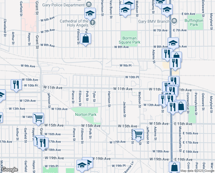 map of restaurants, bars, coffee shops, grocery stores, and more near 804 West 11th Avenue in Gary