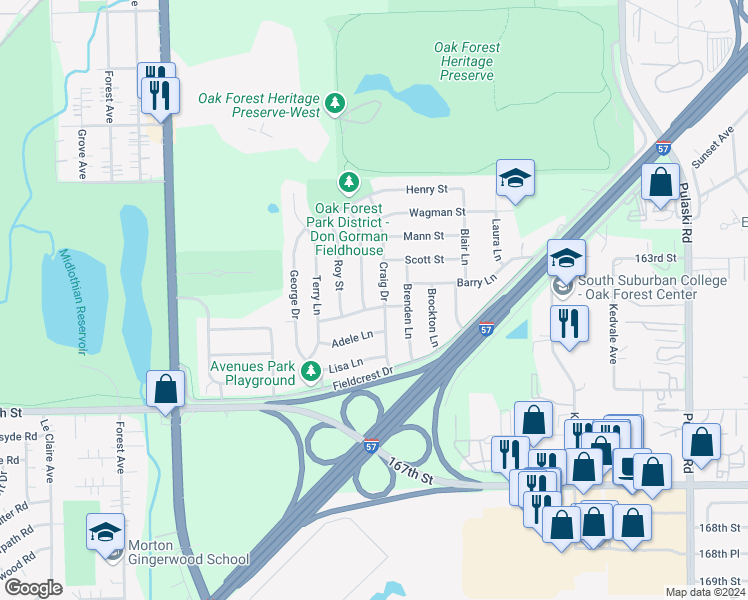 map of restaurants, bars, coffee shops, grocery stores, and more near 4404 Richard Avenue in Oak Forest