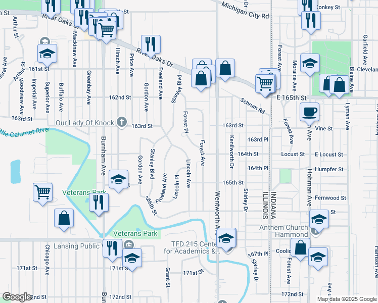 map of restaurants, bars, coffee shops, grocery stores, and more near 1445 Lincoln Avenue in Calumet City