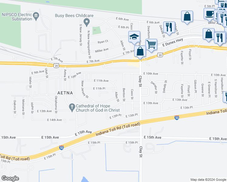 map of restaurants, bars, coffee shops, grocery stores, and more near 4433 East 11th Place in Gary