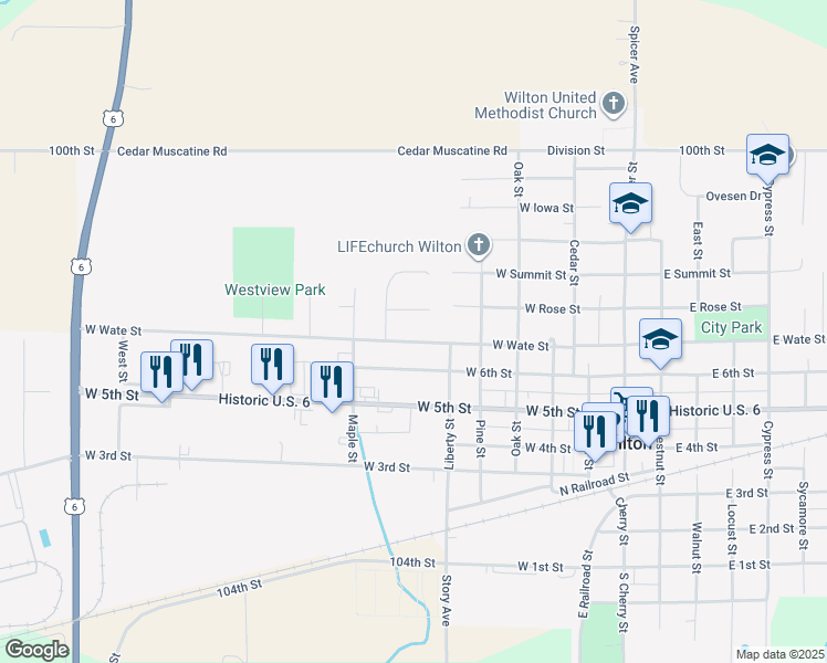 map of restaurants, bars, coffee shops, grocery stores, and more near 605 West Wate Street in Wilton
