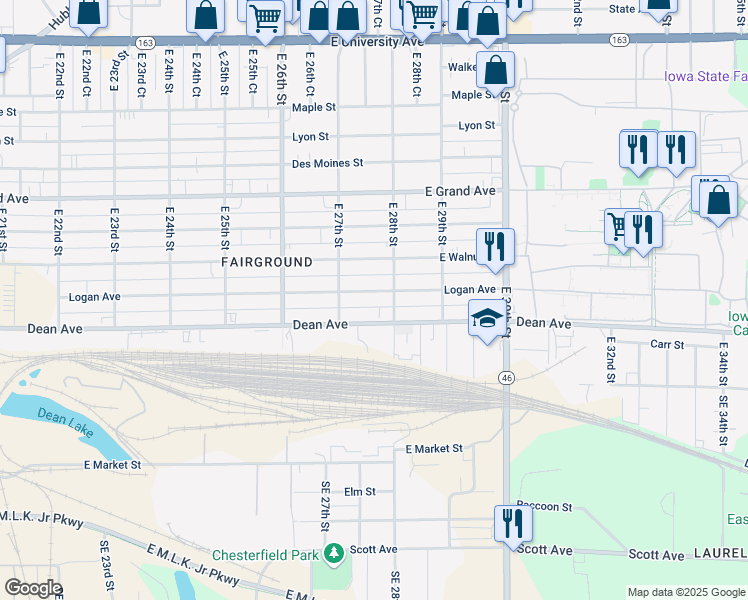 map of restaurants, bars, coffee shops, grocery stores, and more near 2727 Logan Avenue in Des Moines