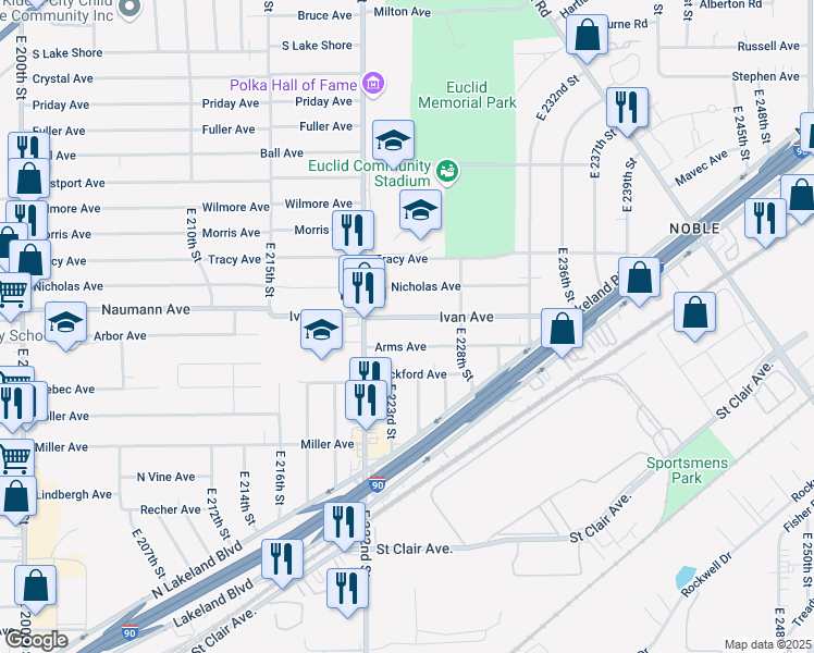 map of restaurants, bars, coffee shops, grocery stores, and more near 22430 Ivan Avenue in Euclid