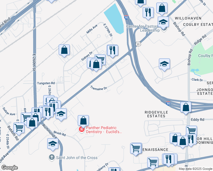 map of restaurants, bars, coffee shops, grocery stores, and more near 27381 Tremaine Drive in Euclid