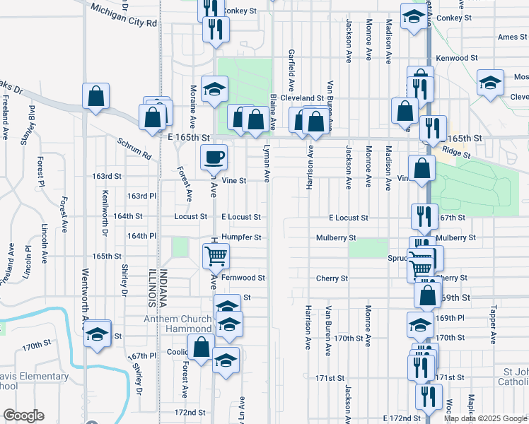 map of restaurants, bars, coffee shops, grocery stores, and more near 267 East Locust Street in Hammond