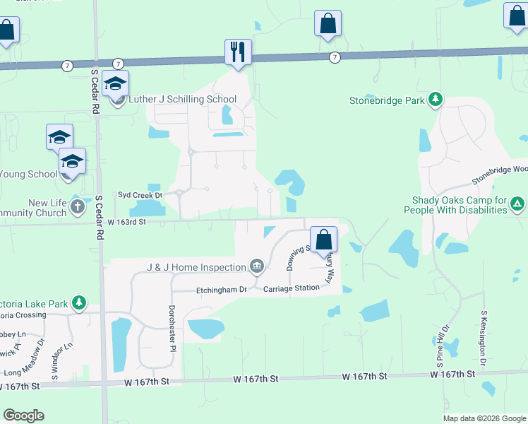 map of restaurants, bars, coffee shops, grocery stores, and more near 16246 Circle Park Court in Homer Glen