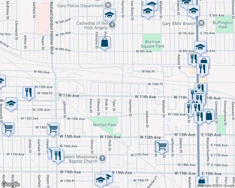 map of restaurants, bars, coffee shops, grocery stores, and more near 916 West 11th Avenue in Gary