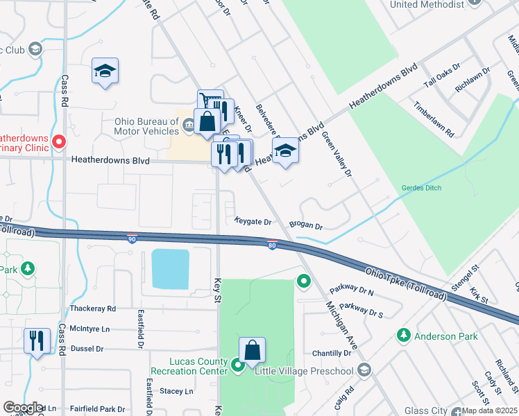 map of restaurants, bars, coffee shops, grocery stores, and more near 2616 Eastgate Road in Toledo